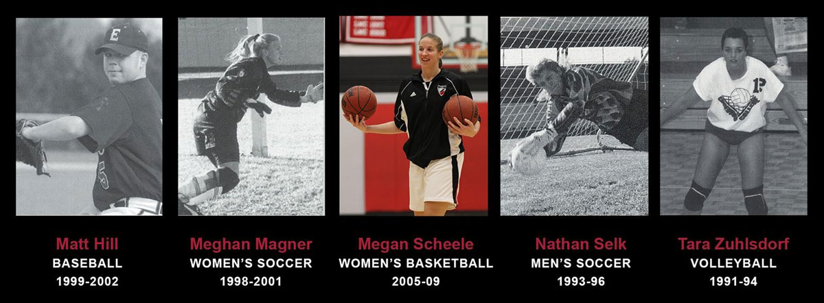 Photos of five athletes, left to right, baseball, soccer, basketball, soccer, and volleyball