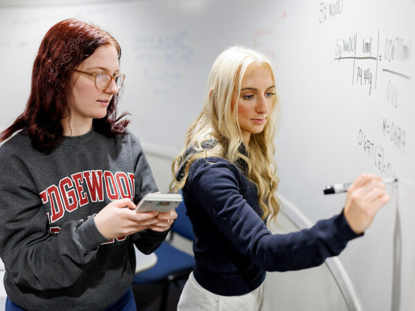 two students doing math on a whiteboard