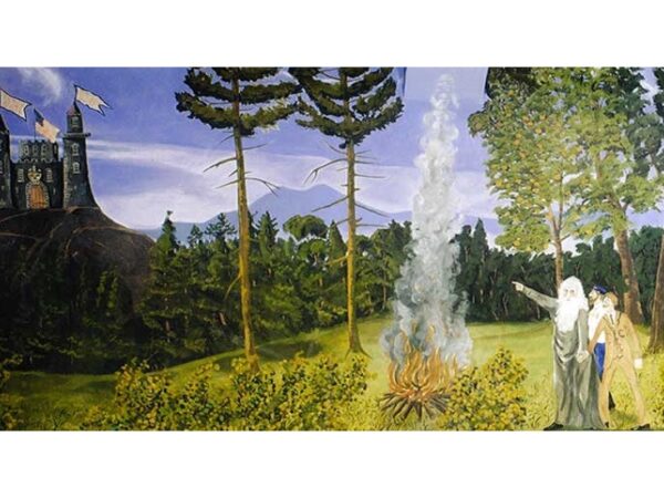 a painting of a forest with a fountain